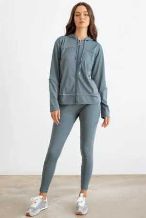 Green Hooded Zip-Up Jacket Luon & Two Pocket Leggings Set /3-3