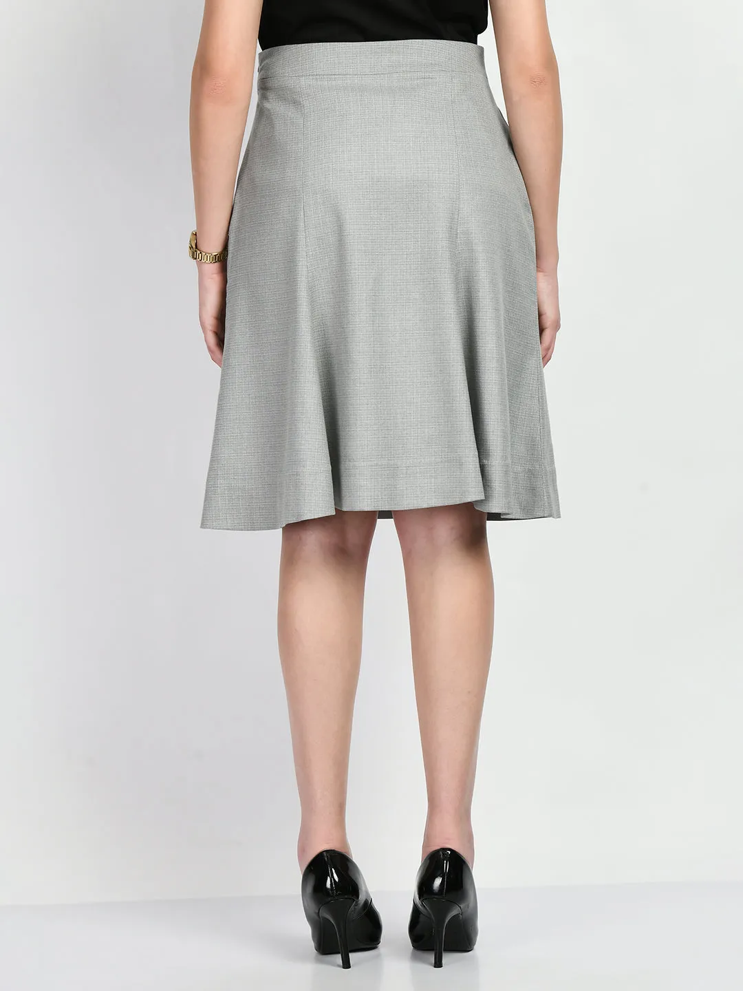 Grey Cotton Blend Decisiveness Checked A-Line Skirt
