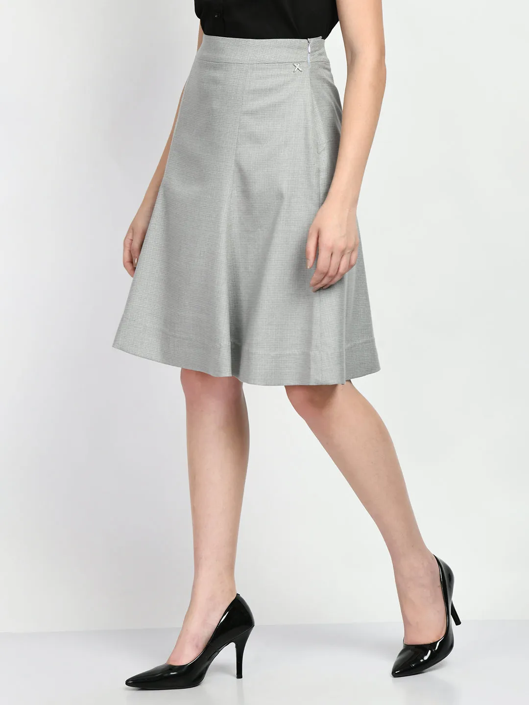 Grey Cotton Blend Decisiveness Checked A-Line Skirt