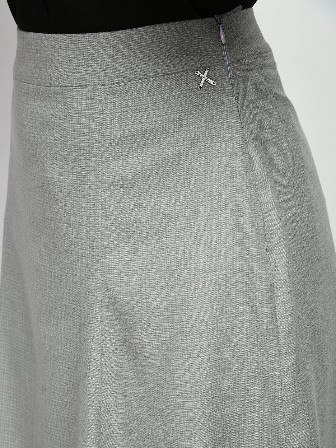 Grey Cotton Blend Decisiveness Checked A-Line Skirt