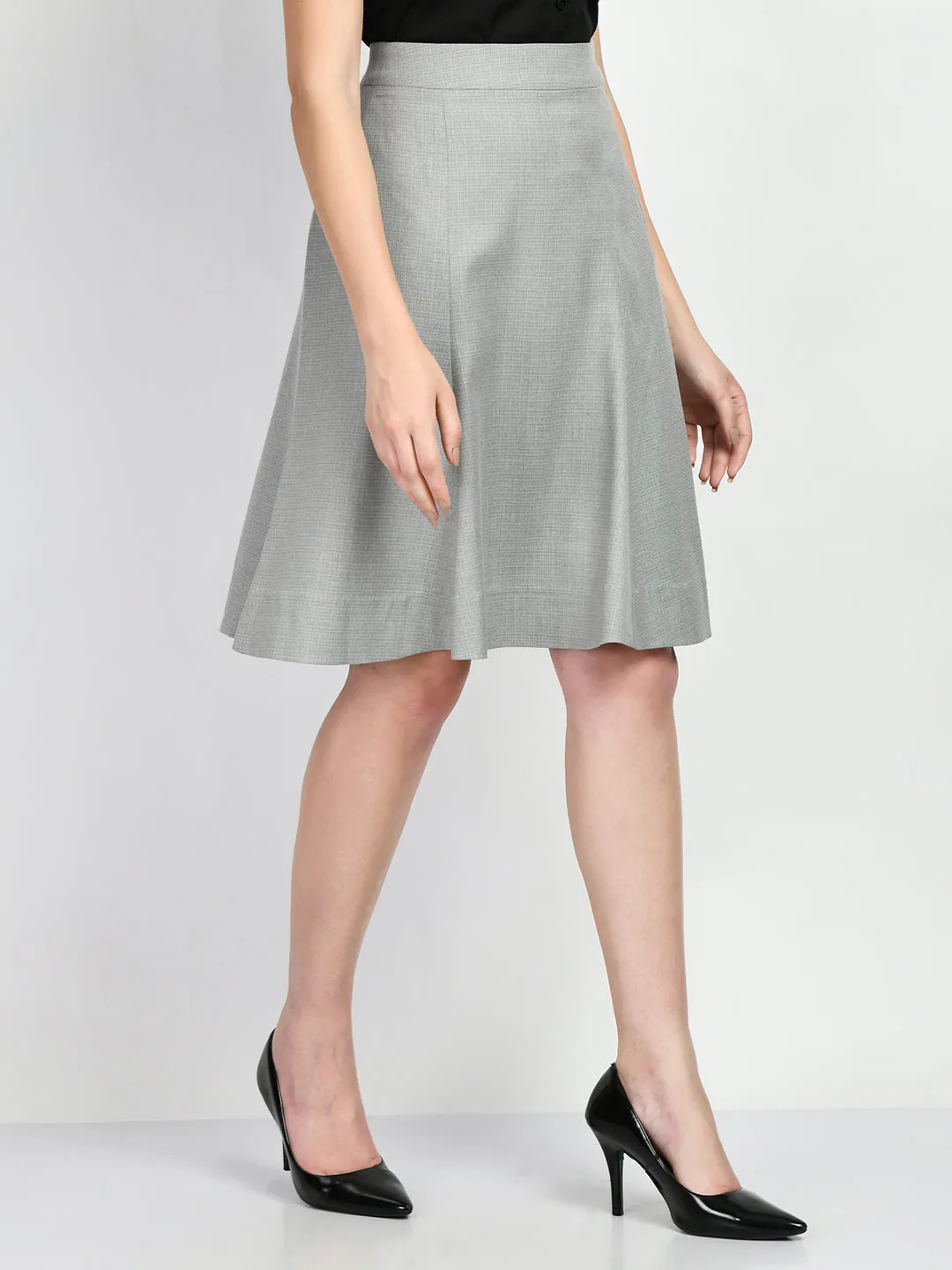 Grey Cotton Blend Decisiveness Checked A-Line Skirt