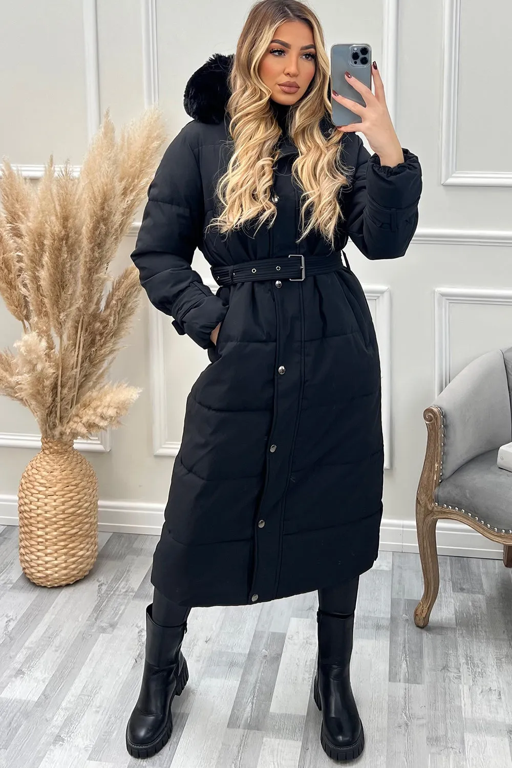 Hailey Black Faux Fur Hooded Longline Belted Padded Coat