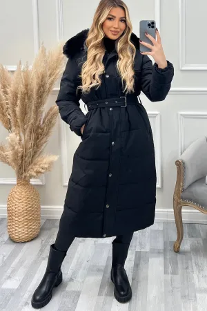 Hailey Black Faux Fur Hooded Longline Belted Padded Coat