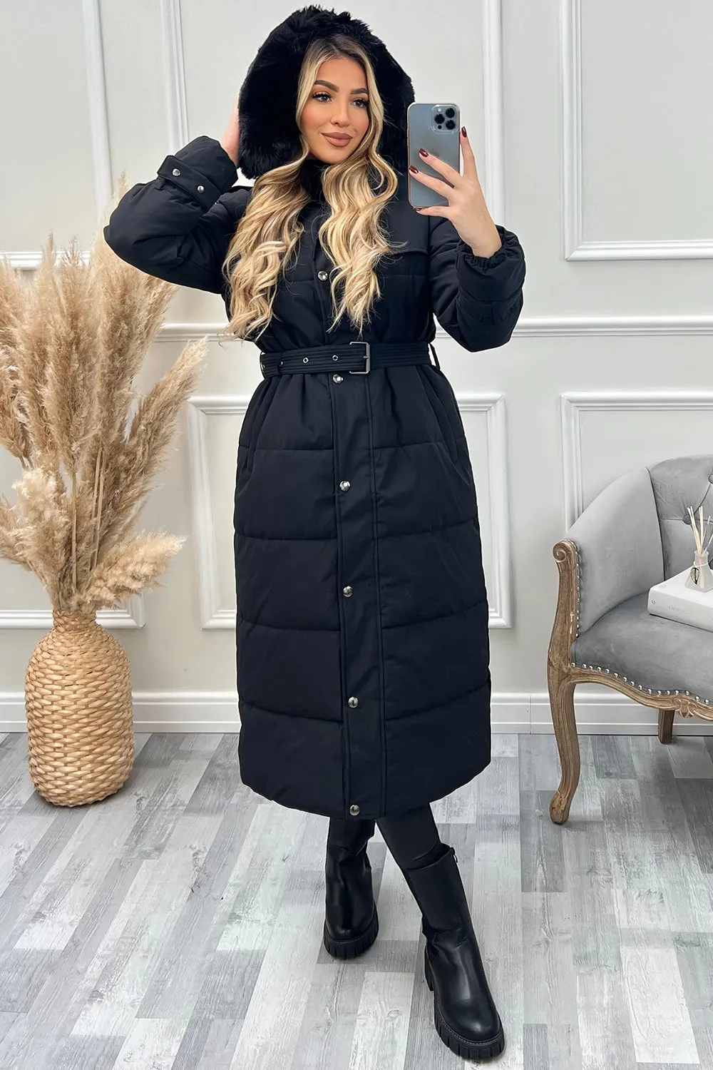 Hailey Black Faux Fur Hooded Longline Belted Padded Coat