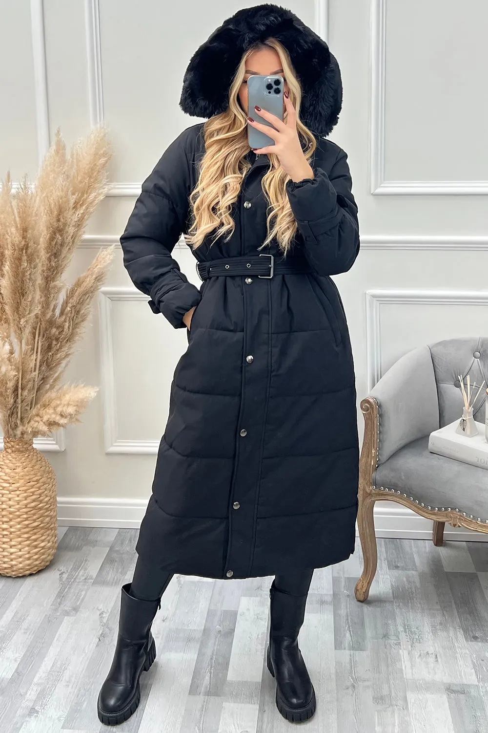 Hailey Black Faux Fur Hooded Longline Belted Padded Coat