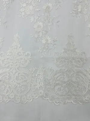 IVORY Damask Design Embroidered on Mesh Lace Fabric, Floral Bridal Lace Wedding Dress by the Yard (Pick a Size)