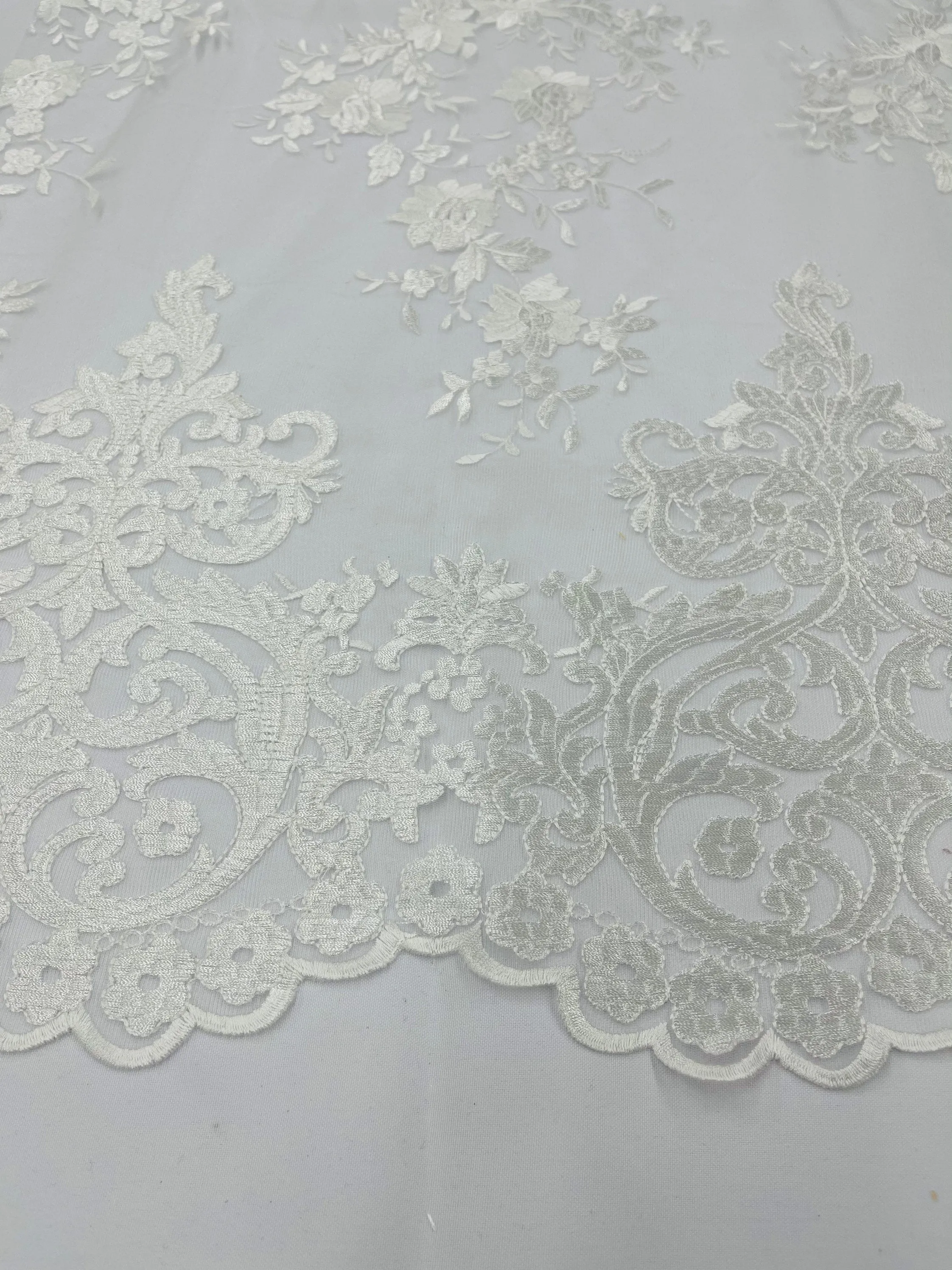 IVORY Damask Design Embroidered on Mesh Lace Fabric, Floral Bridal Lace Wedding Dress by the Yard (Pick a Size)