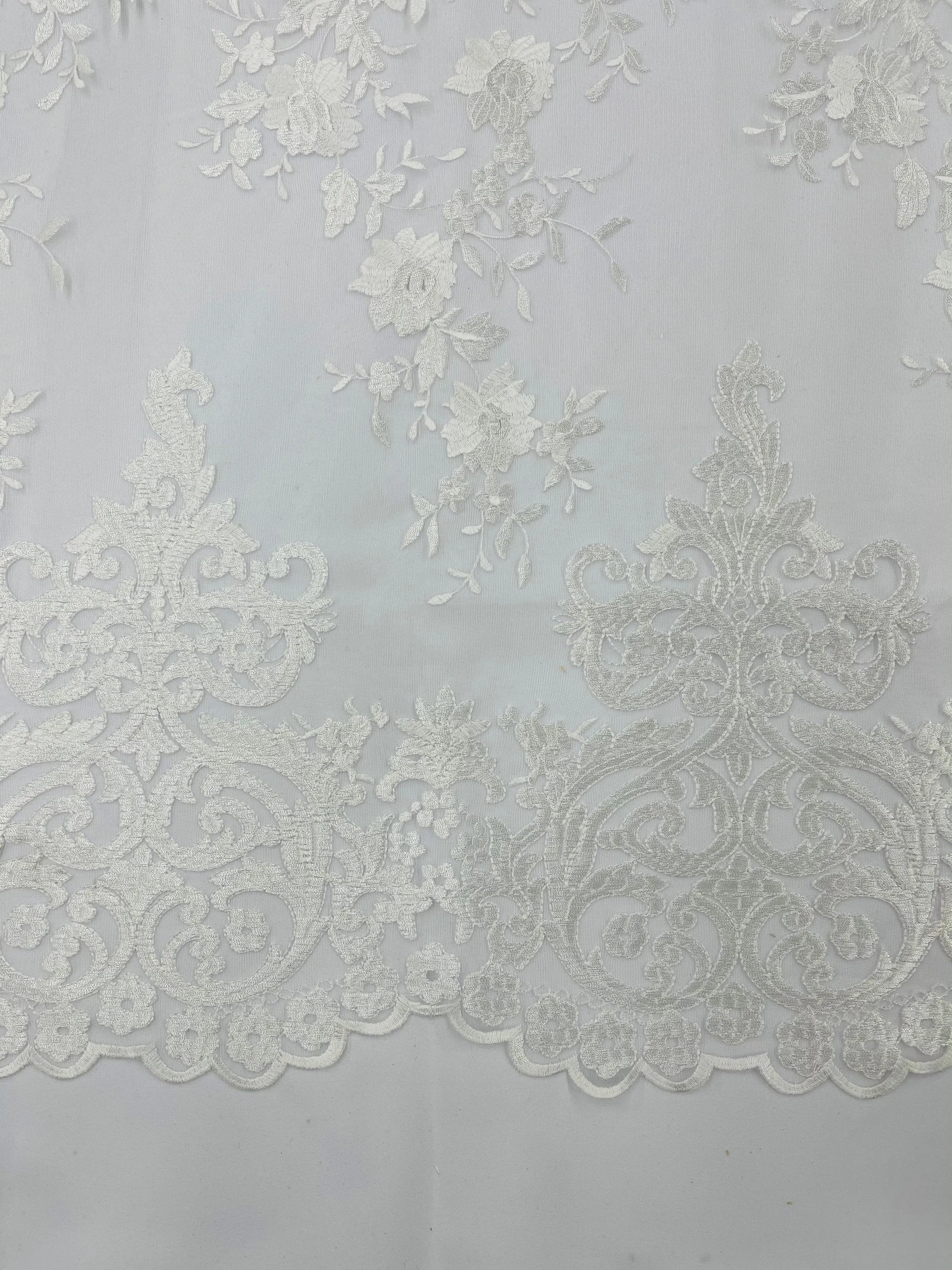 IVORY Damask Design Embroidered on Mesh Lace Fabric, Floral Bridal Lace Wedding Dress by the Yard (Pick a Size)
