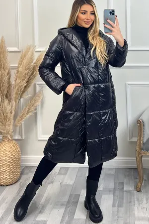 Janelle Black High Shine Quilted Longline Padded Coat