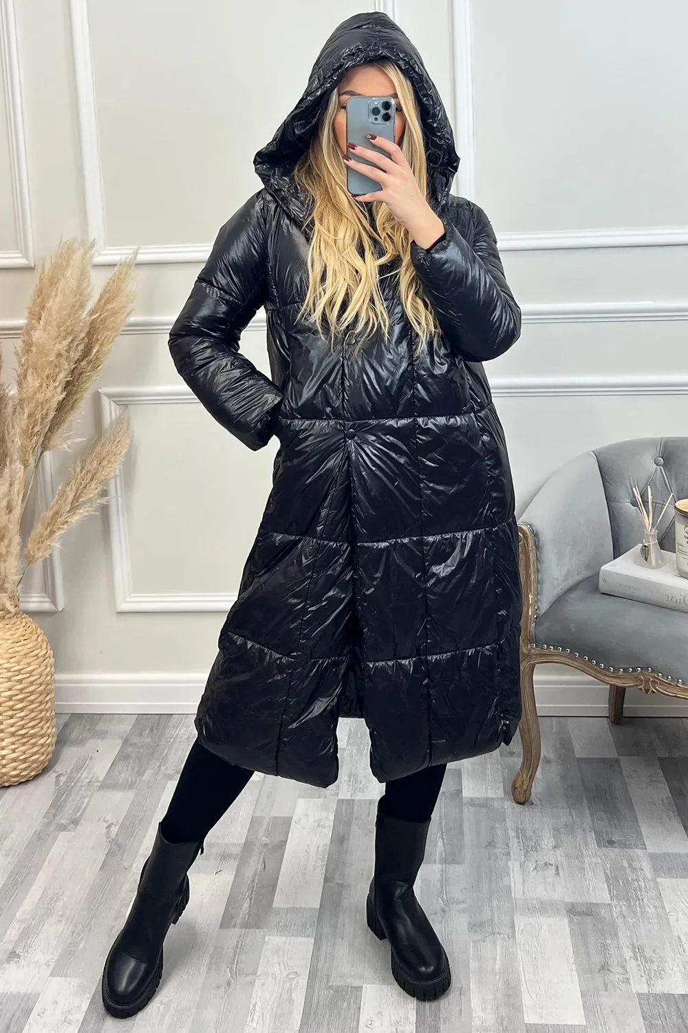 Janelle Black High Shine Quilted Longline Padded Coat