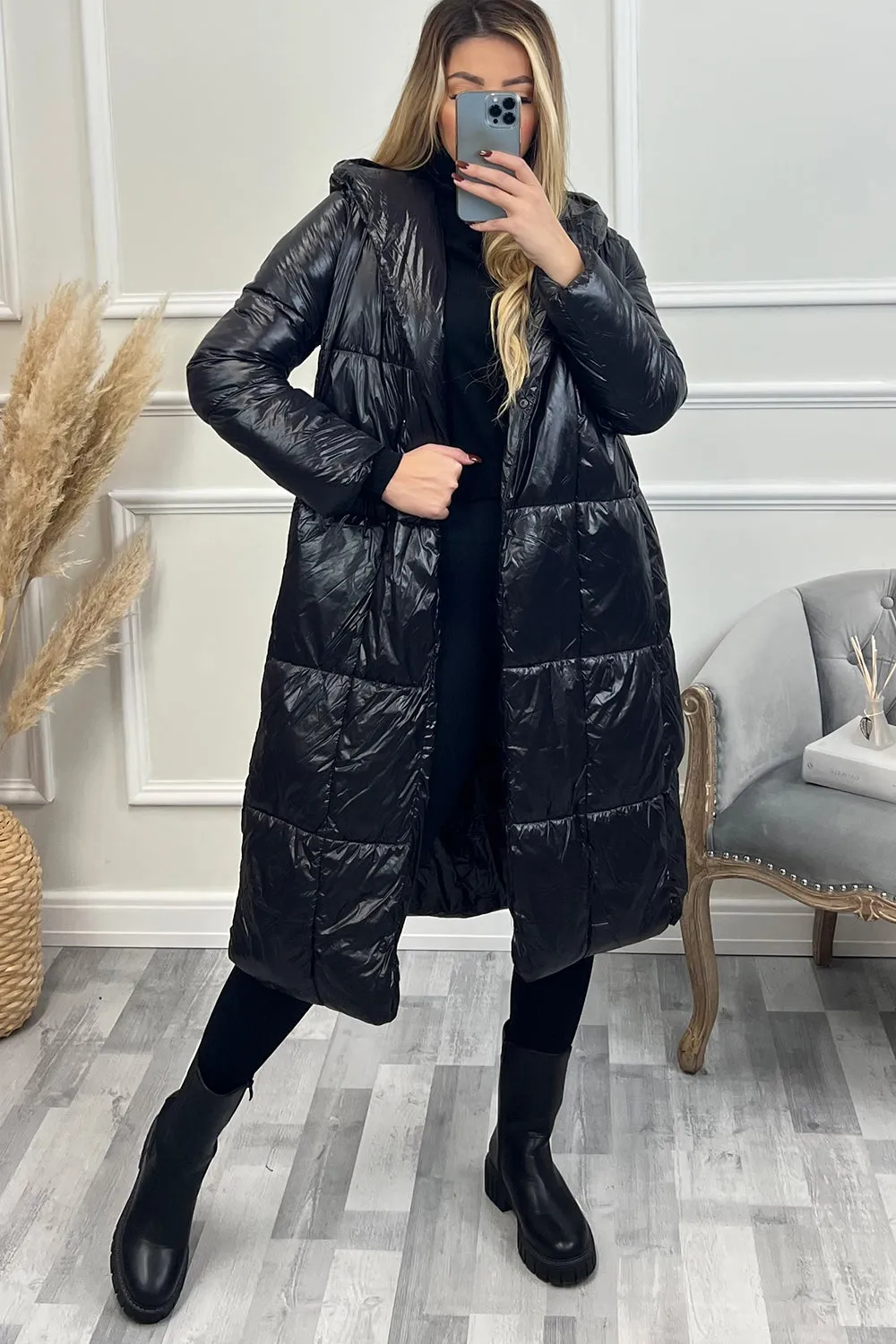 Janelle Black High Shine Quilted Longline Padded Coat