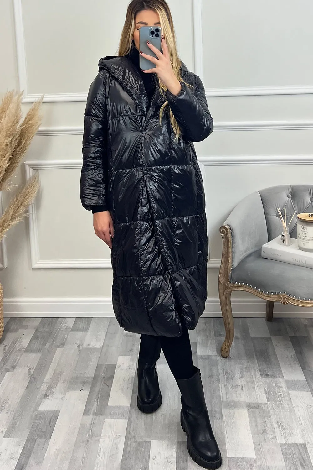 Janelle Black High Shine Quilted Longline Padded Coat