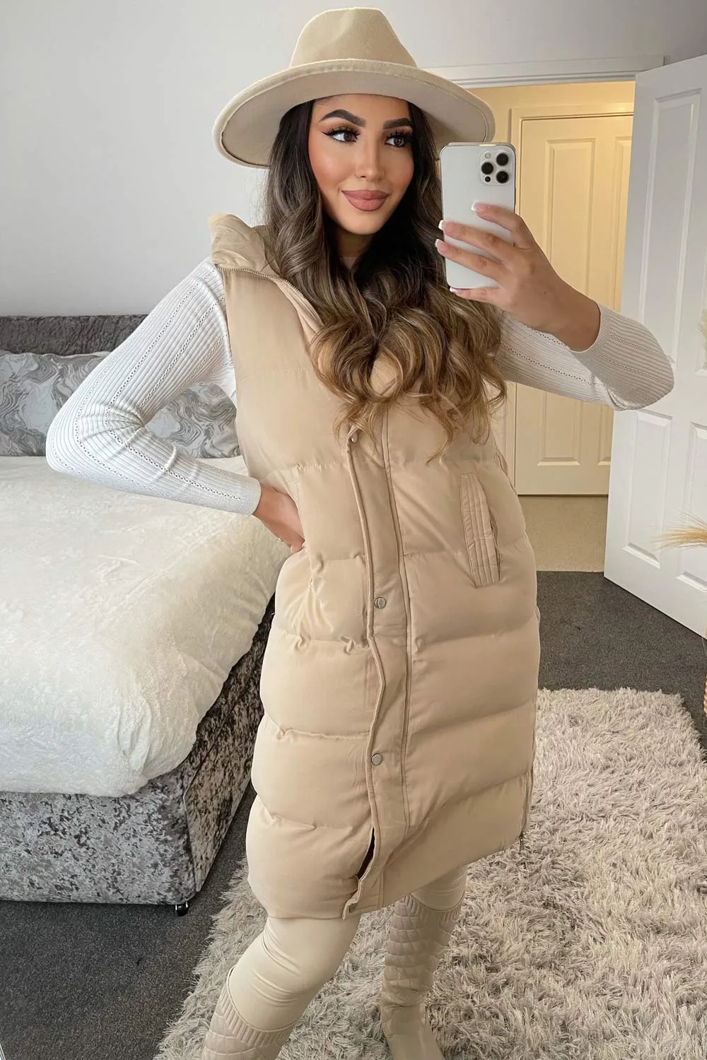 Joy Beige Longline Panel Padded Hooded Gilet
