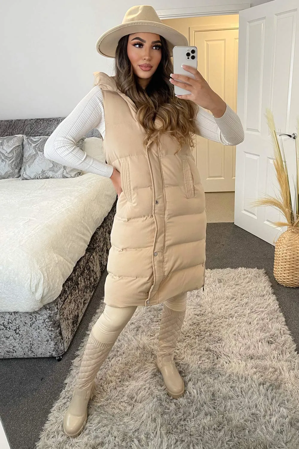 Joy Beige Longline Panel Padded Hooded Gilet