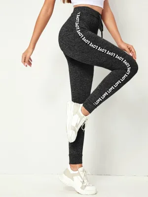 Letter Tape Side Drawstring Waist Leggings