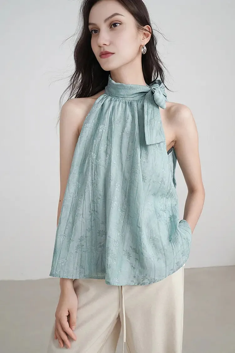 Lyocell Jacquard Halter Neck Top with Bow