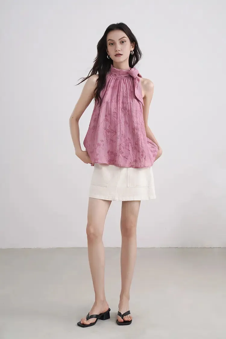 Lyocell Jacquard Halter Neck Top with Bow