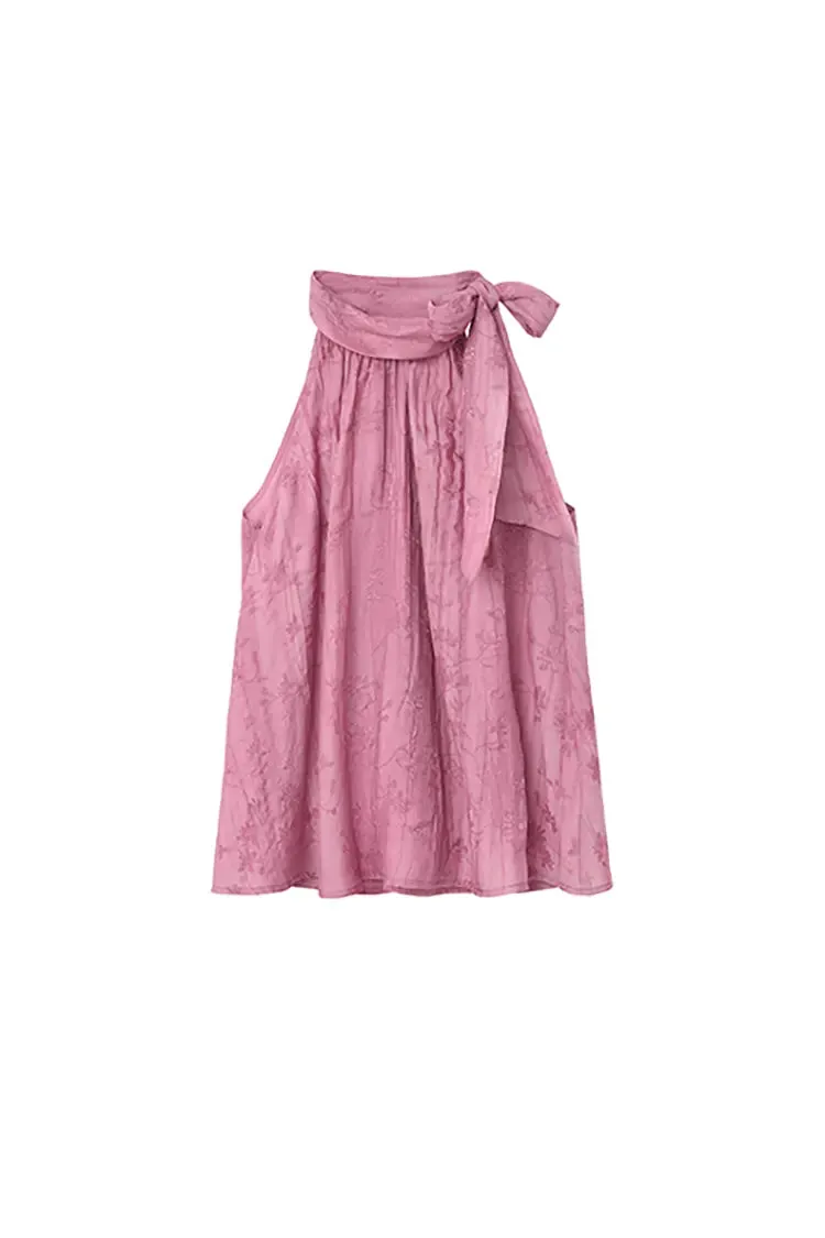 Lyocell Jacquard Halter Neck Top with Bow