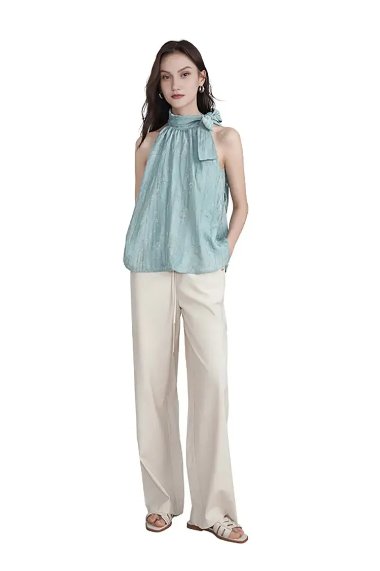 Lyocell Jacquard Halter Neck Top with Bow