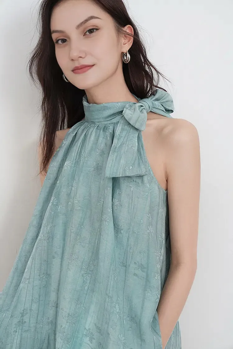 Lyocell Jacquard Halter Neck Top with Bow