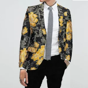 Men's Black Yellow Gold Slim-Fitting Elegant Tuxedo Jacket Party Blazer