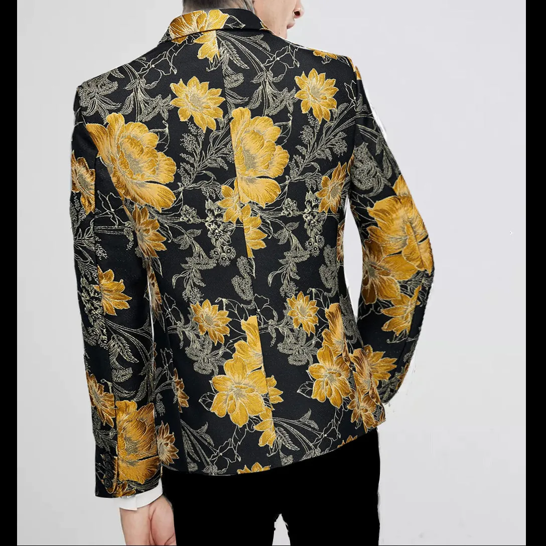 Men's Black Yellow Gold Slim-Fitting Elegant Tuxedo Jacket Party Blazer