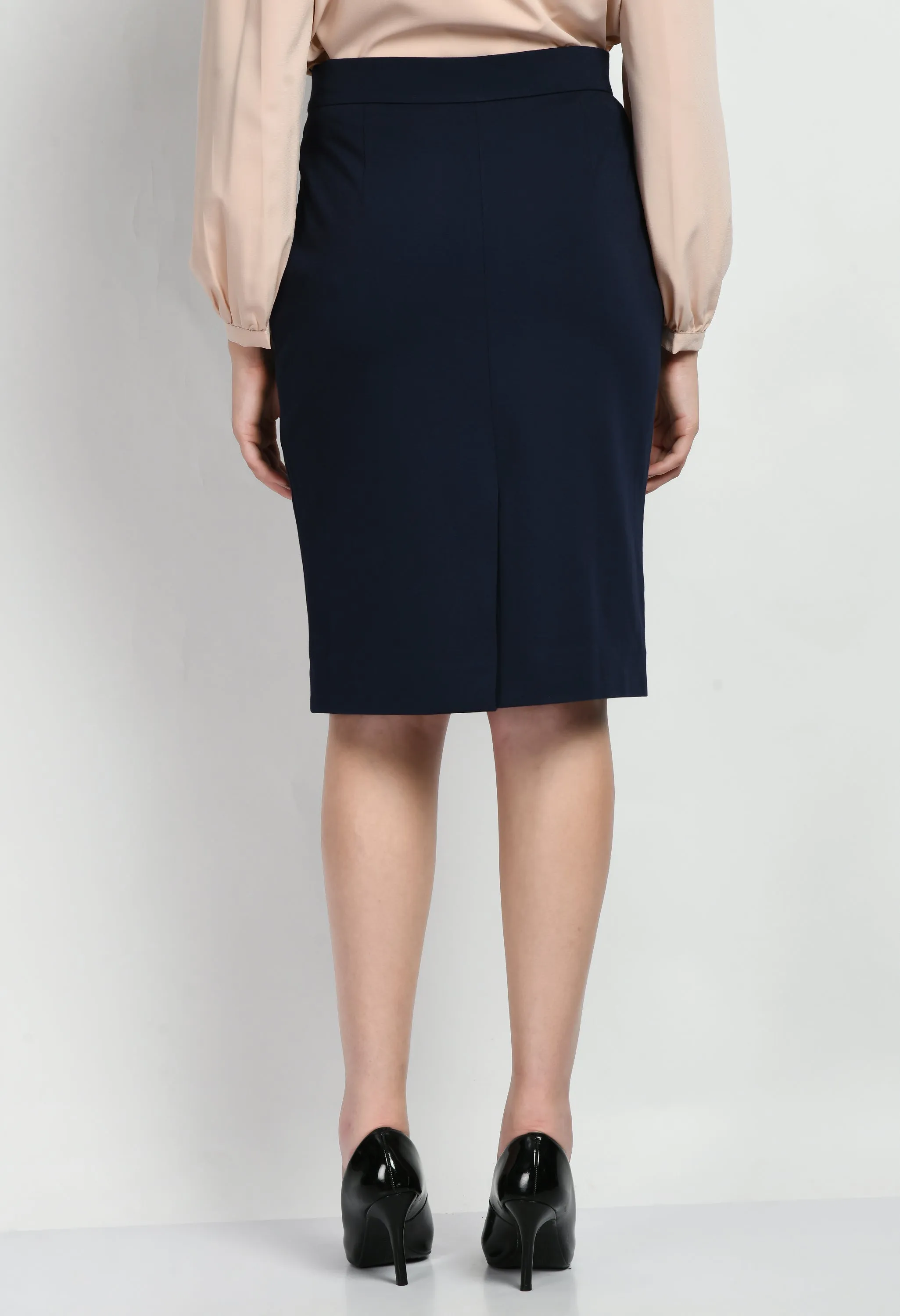 Navy Blue Leadership Solid Stretch Pencil Skirt