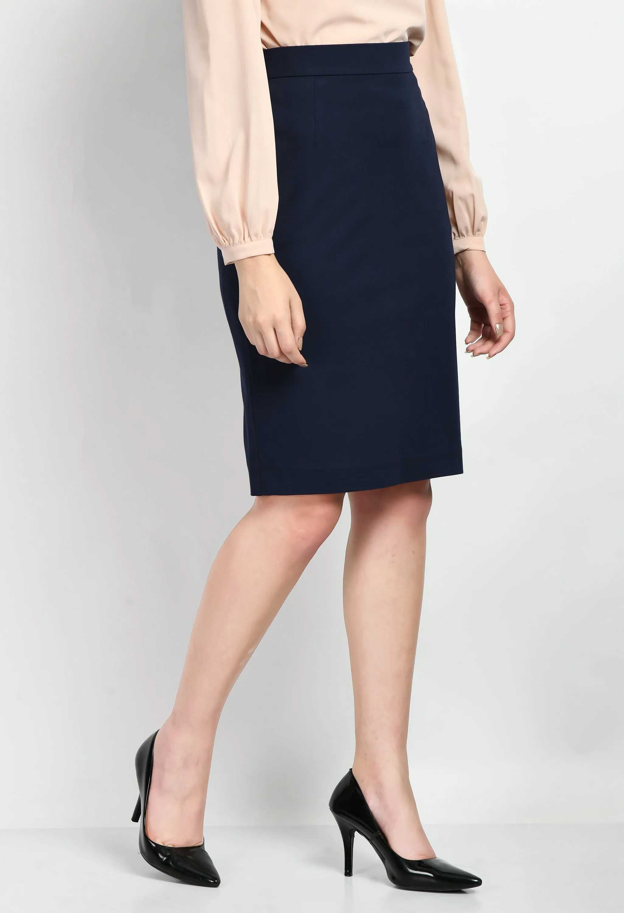 Navy Blue Leadership Solid Stretch Pencil Skirt