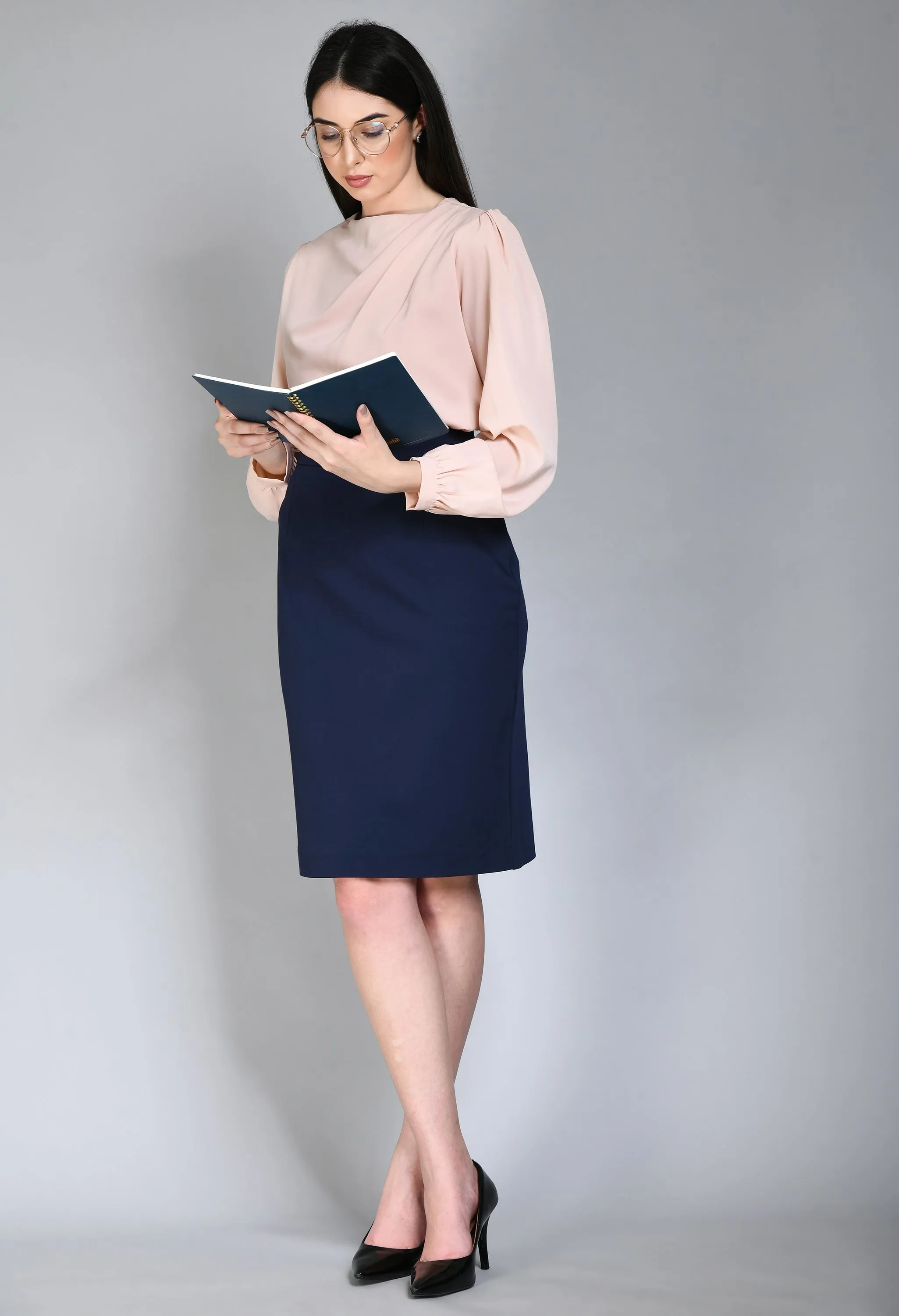 Navy Blue Leadership Solid Stretch Pencil Skirt