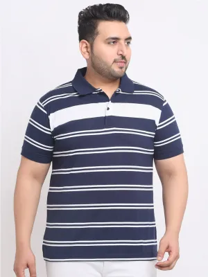 plusS Plus Size Blue Striped Polo Collar Cotton T-shirt