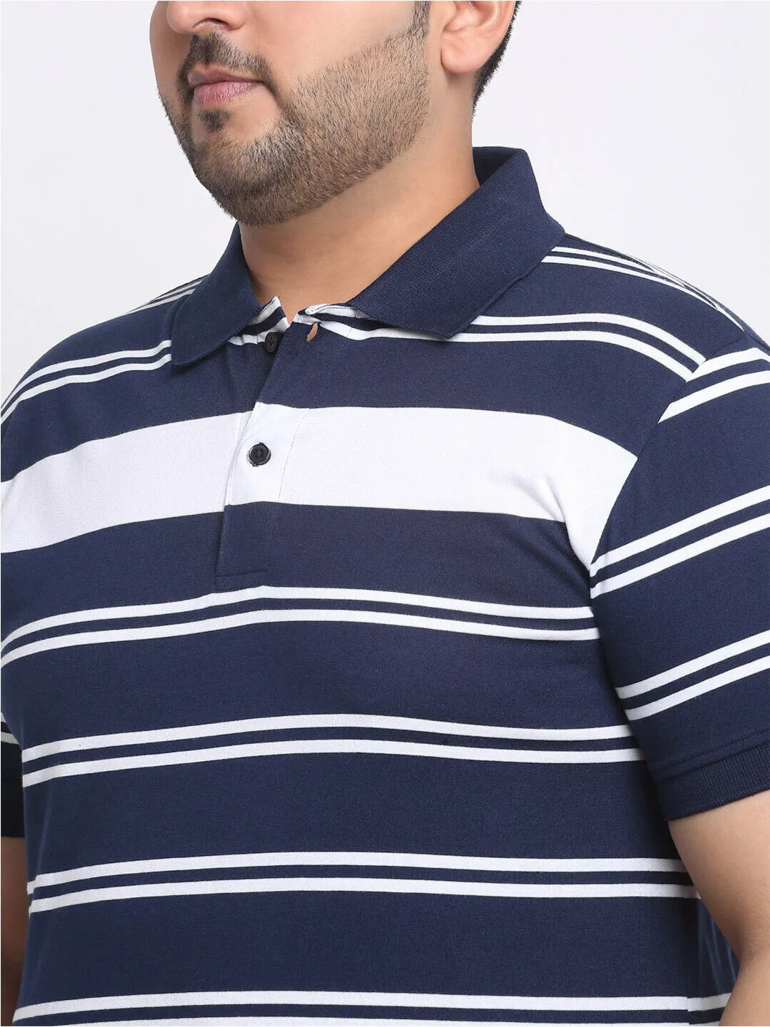 plusS Plus Size Blue Striped Polo Collar Cotton T-shirt