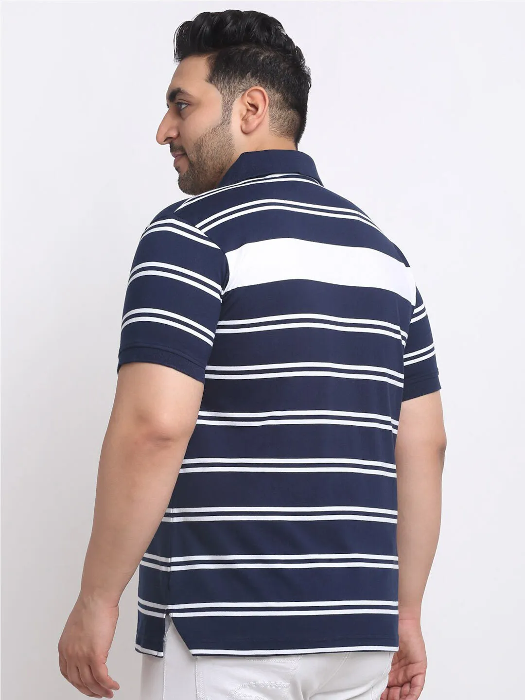 plusS Plus Size Blue Striped Polo Collar Cotton T-shirt