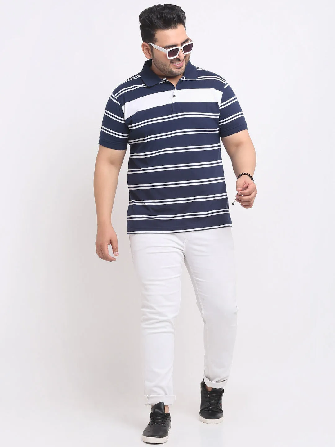 plusS Plus Size Blue Striped Polo Collar Cotton T-shirt