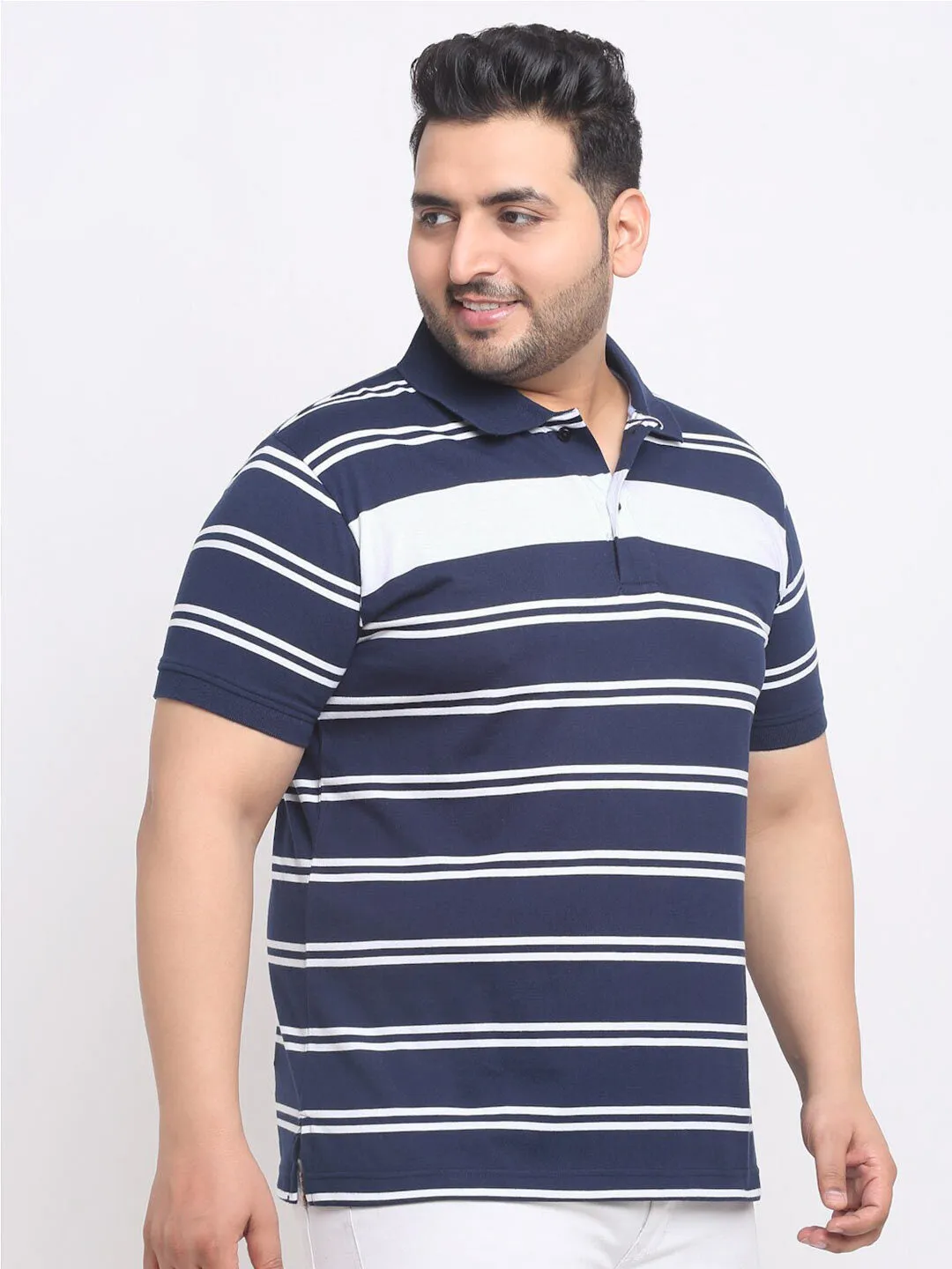 plusS Plus Size Blue Striped Polo Collar Cotton T-shirt