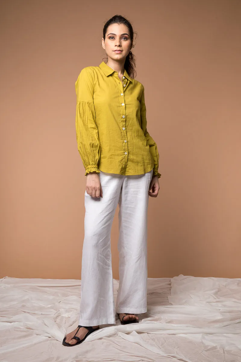 Shirt with puff sleeves in Ochre Yellow cotton