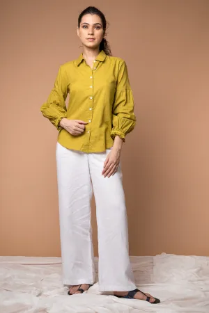 Shirt with puff sleeves in Ochre Yellow cotton