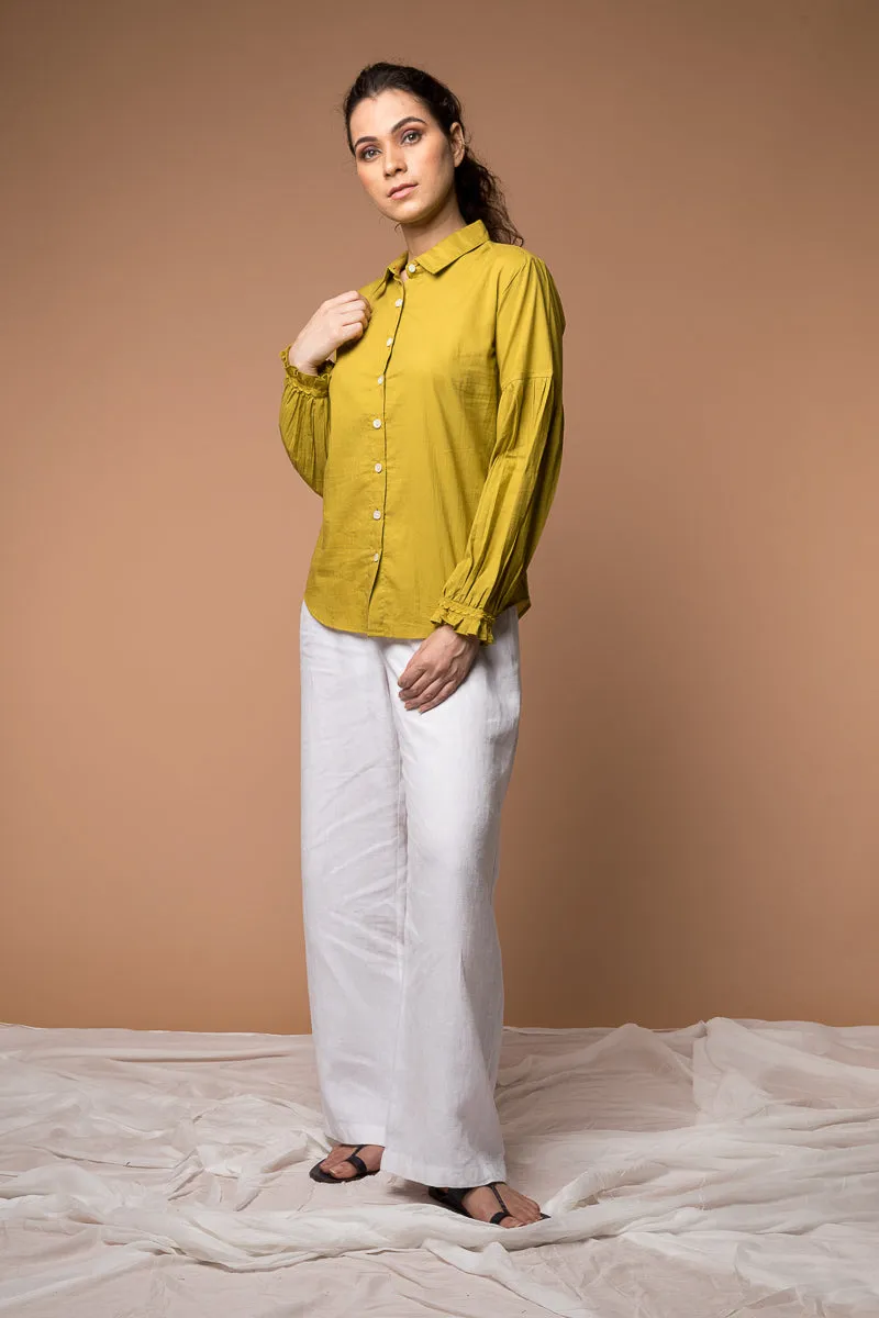 Shirt with puff sleeves in Ochre Yellow cotton