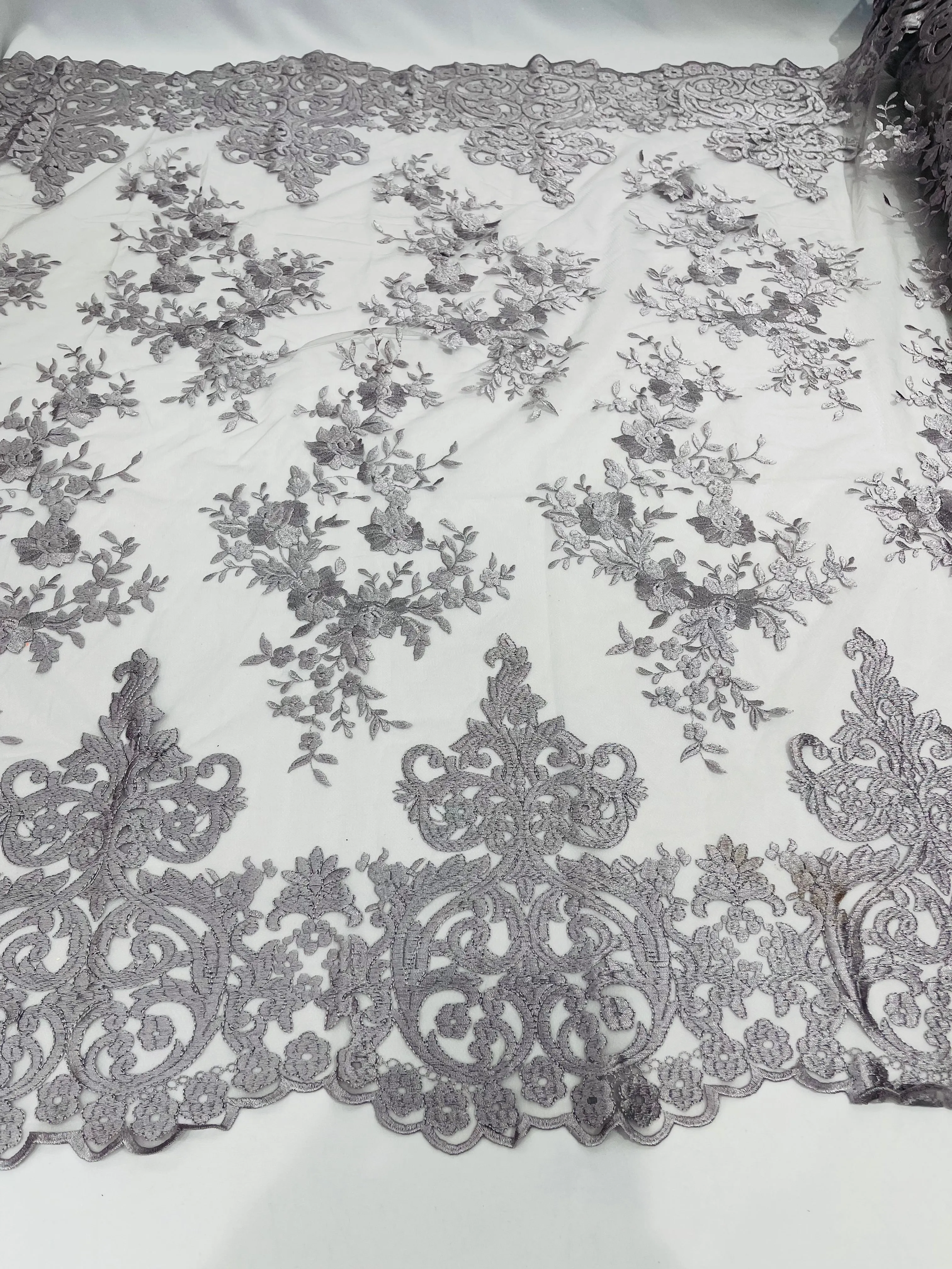 Silver Bridal Lace - By The Yard - Floral Damask Design Embroidered on Mesh Lace Fabric