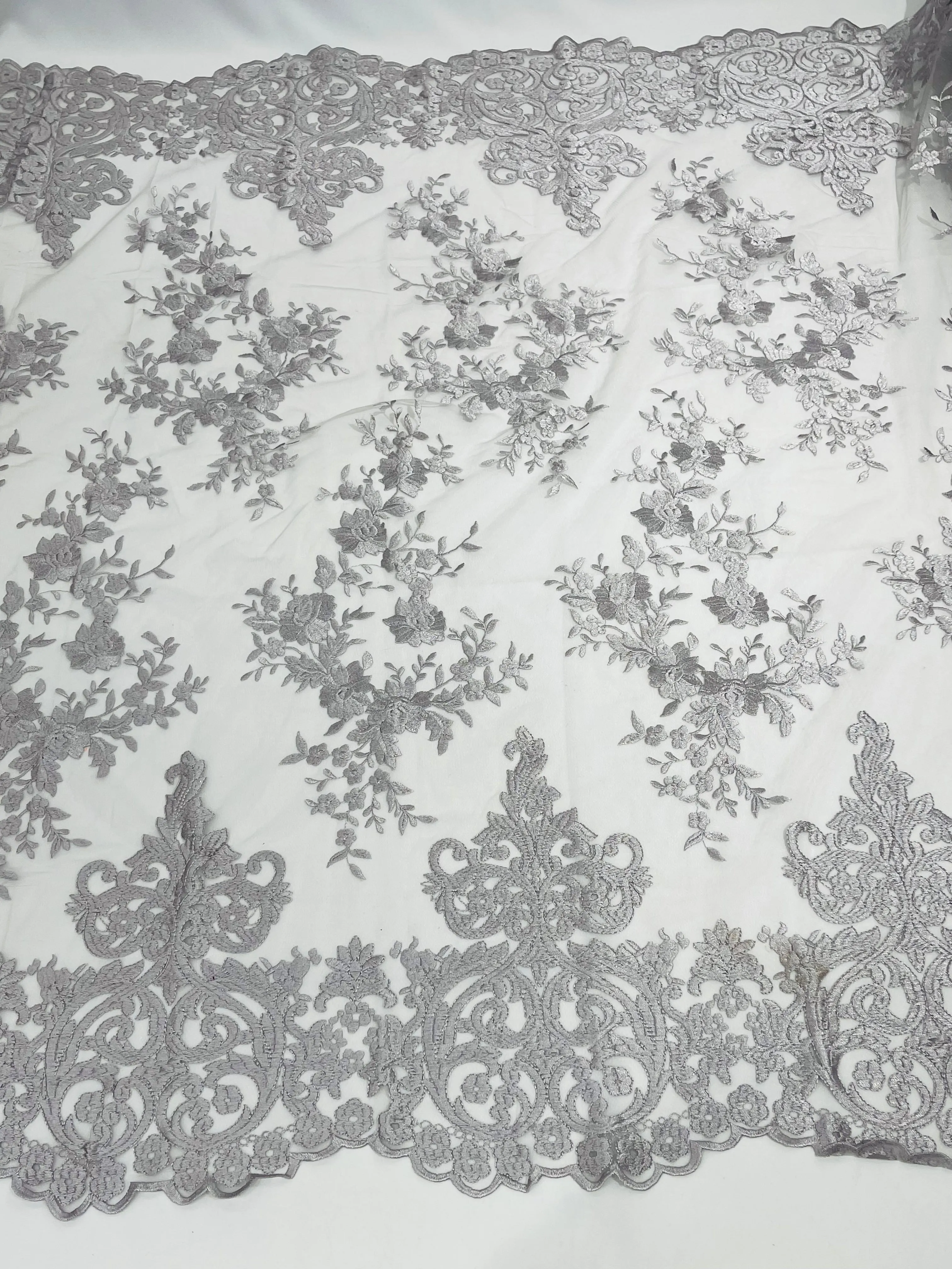 Silver Bridal Lace - By The Yard - Floral Damask Design Embroidered on Mesh Lace Fabric