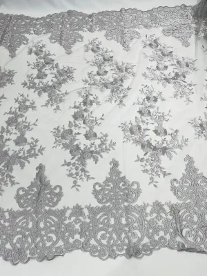 Silver Bridal Lace - By The Yard - Floral Damask Design Embroidered on Mesh Lace Fabric
