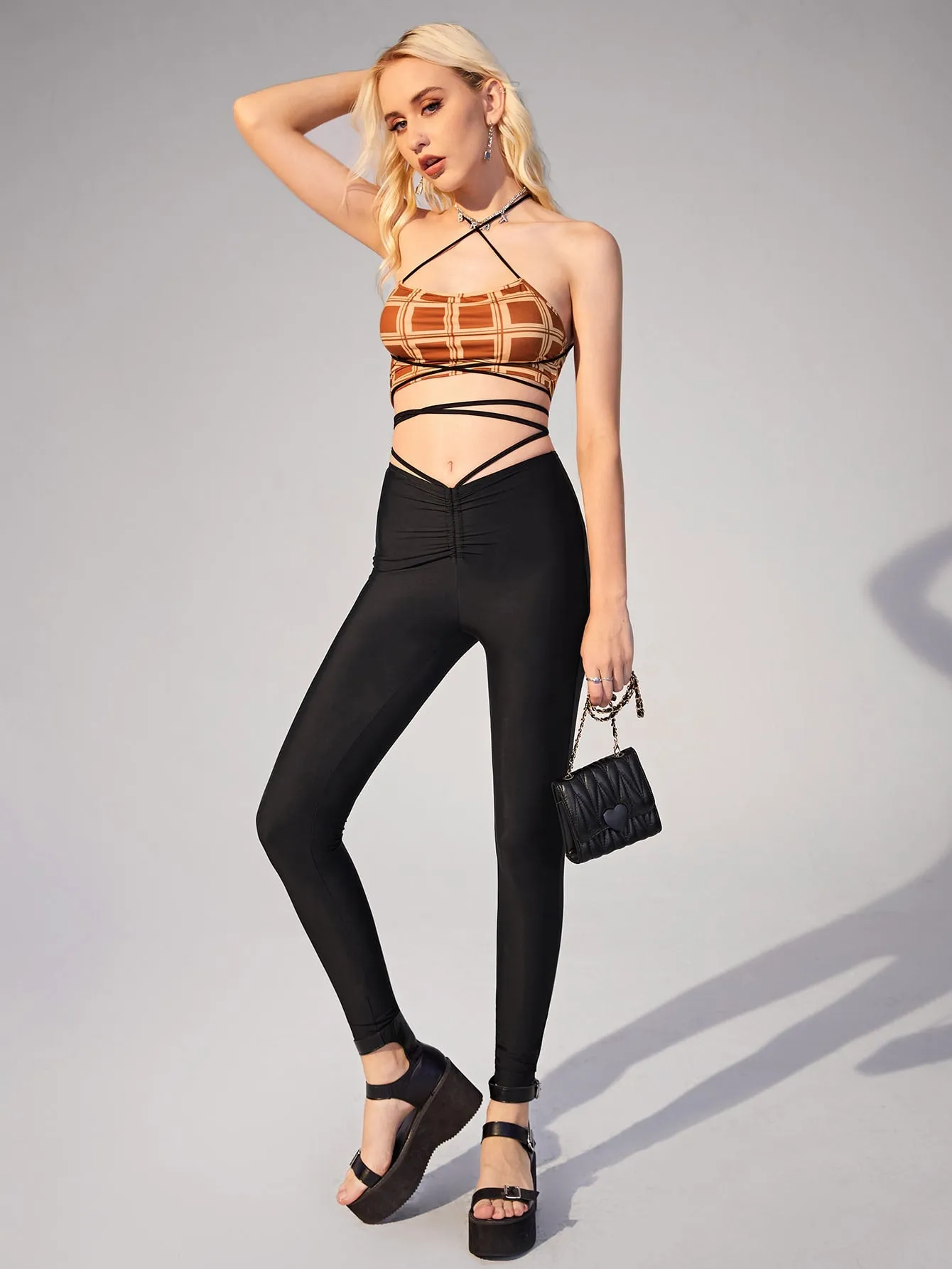 Sporty Plain Tie Back Long Women Leggings
