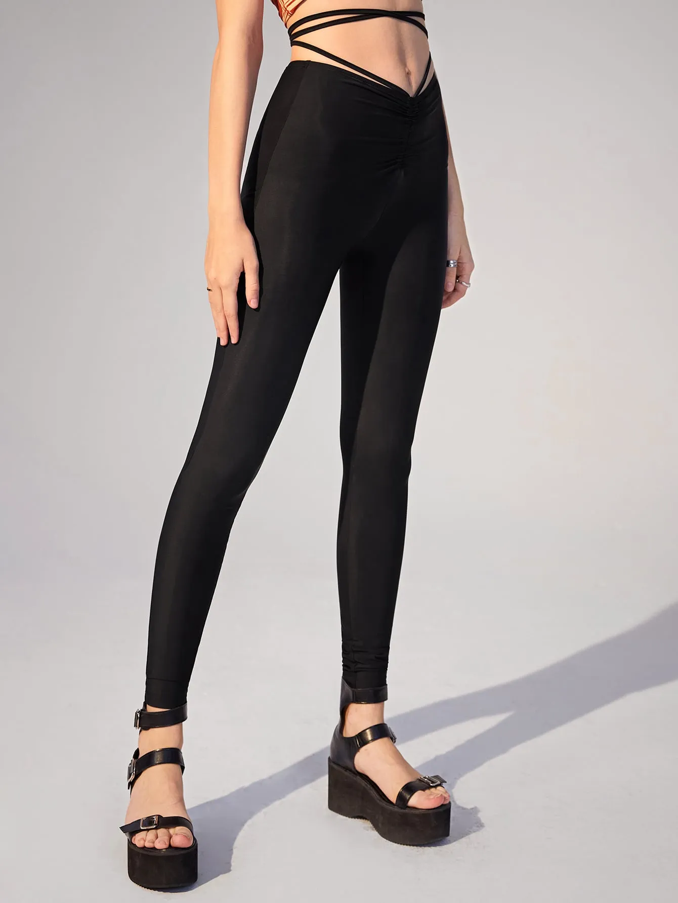 Sporty Plain Tie Back Long Women Leggings