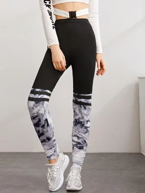 Striped Detail Tie Dye Panel Leggings