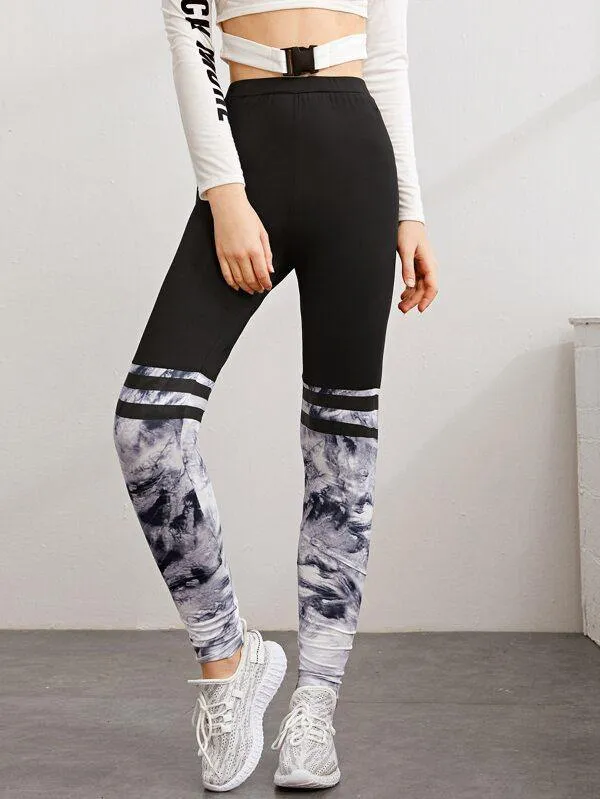 Striped Detail Tie Dye Panel Leggings