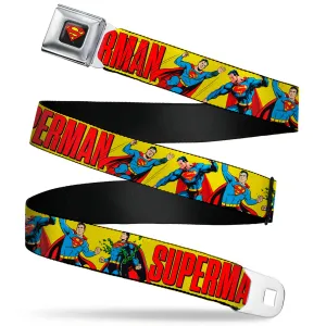 Superman Shield Logo Full Color Black Seatbelt Belt - SUPERMAN Action Poses and Text Yellow/Red Webbing
