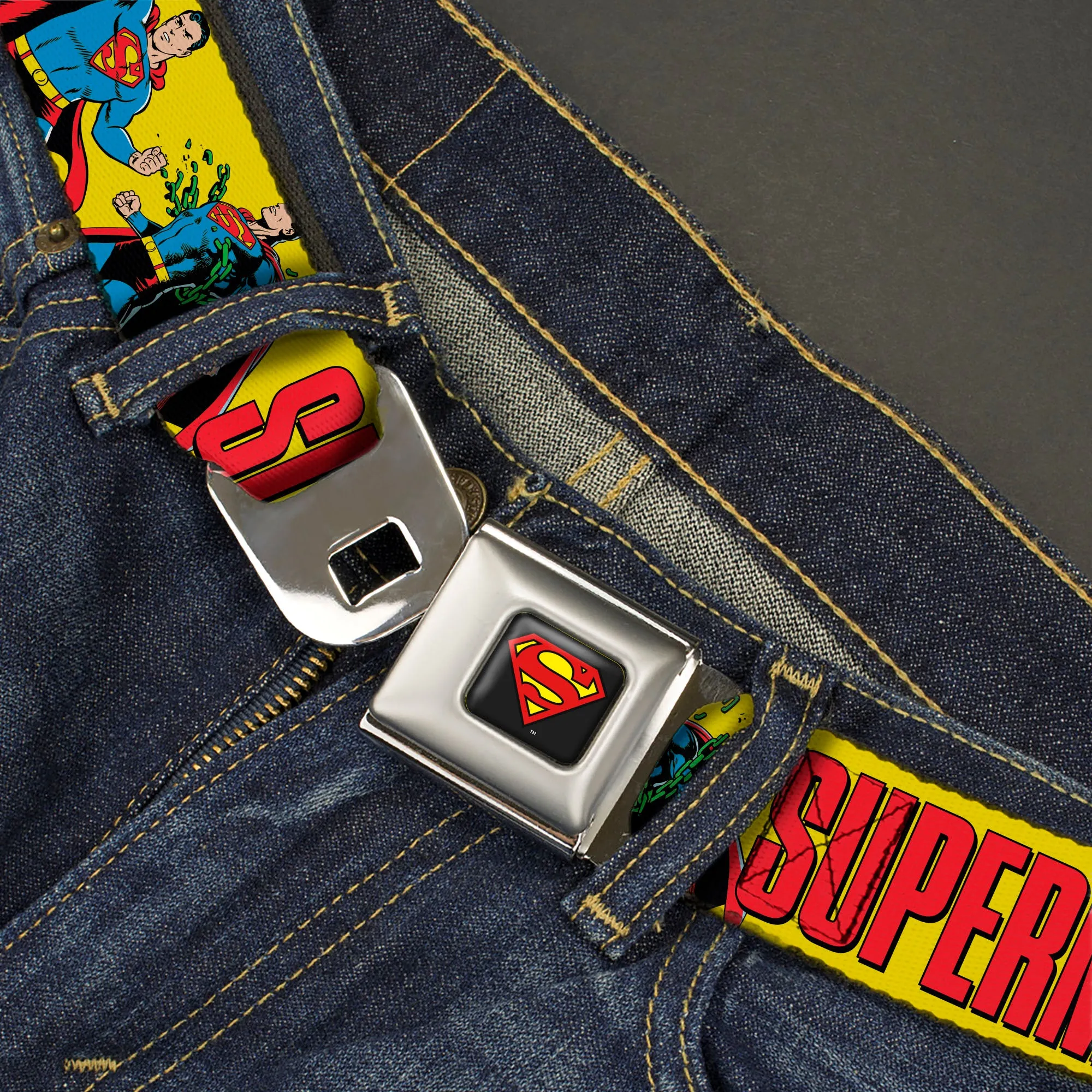 Superman Shield Logo Full Color Black Seatbelt Belt - SUPERMAN Action Poses and Text Yellow/Red Webbing