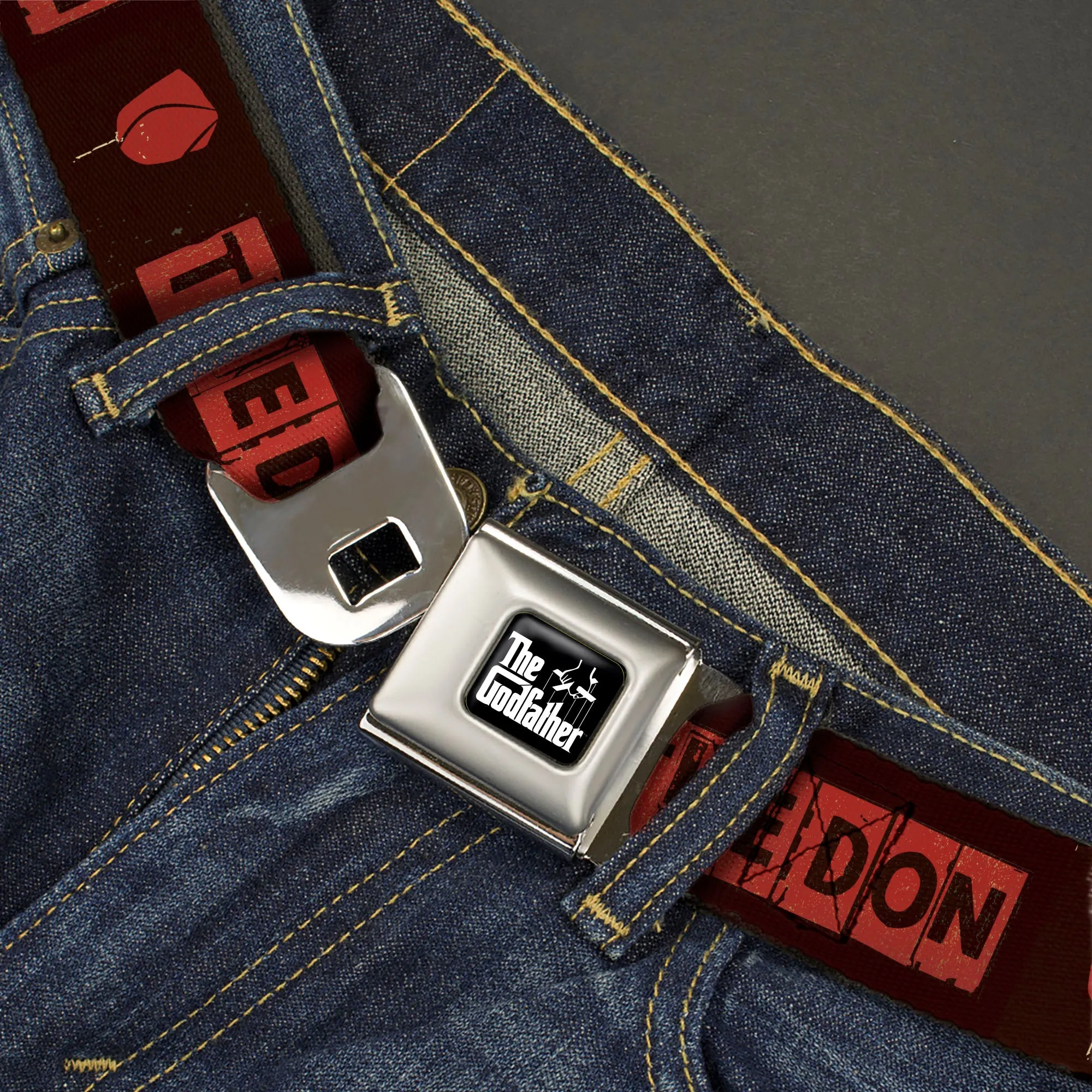 THE GODFATHER Title Logo Full Color Black/White Seatbelt Belt - The Godfather THE DON Blocks and Rose Black/Red Webbing