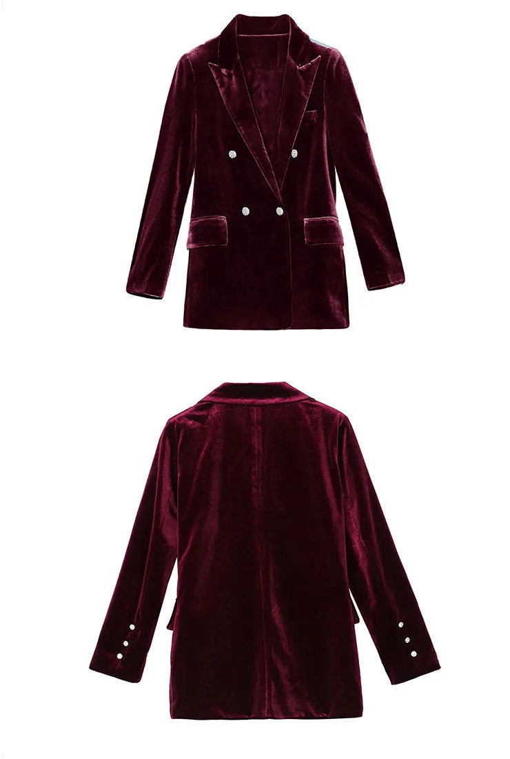 Velvet Deep V-neck Blazer & Straight-Leg Pants Suits