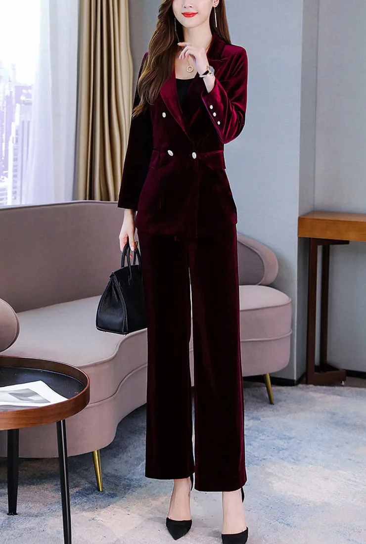 Velvet Deep V-neck Blazer & Straight-Leg Pants Suits
