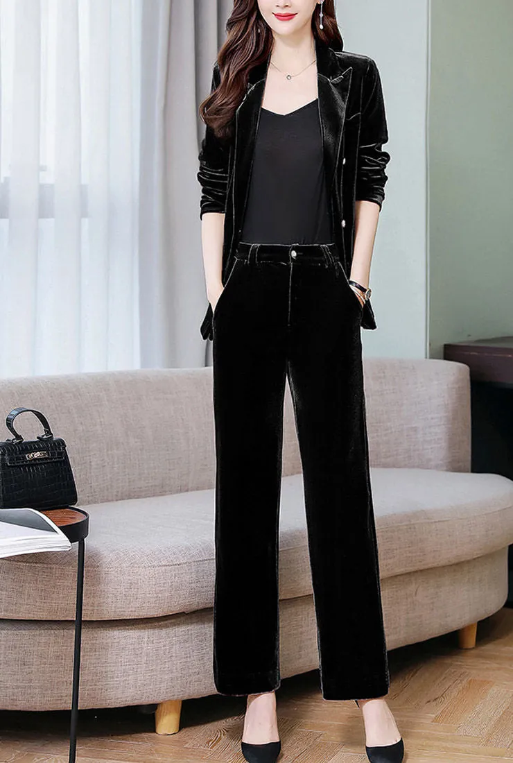 Velvet Deep V-neck Blazer & Straight-Leg Pants Suits